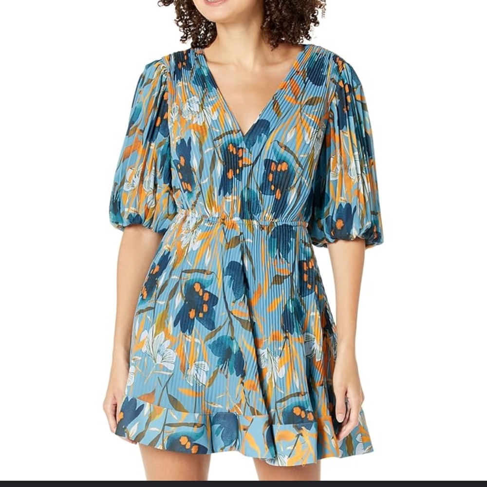 Milly Blue Teal Floral Pleated Mini Dress with Orange Accents